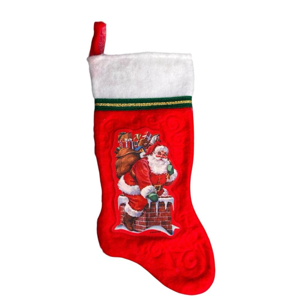 Vintage Christmas Holiday Santas Best Felt Santa Stocking w/ Toys Chimney Retro